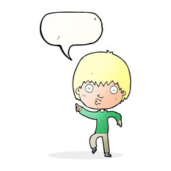 cartoon impressed boy pointing with speech bubble