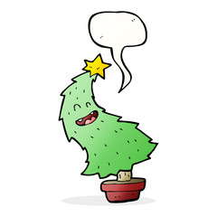 cartoon dancing christmas tree with speech bubble