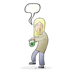 cartoon hippie man with bag of weed with speech bubble