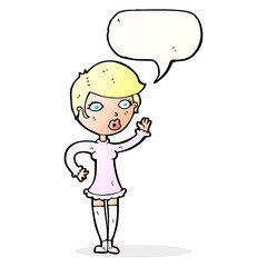 cartoon pretty woman waving with speech bubble