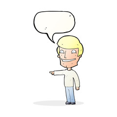 cartoon happy man pointing with speech bubble