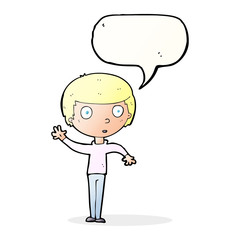 cartoon waving boy with speech bubble