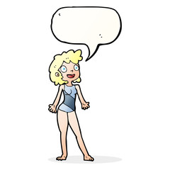 cartoon woman in swimming costume with speech bubble