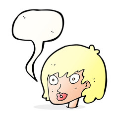 cartoon happy female face with speech bubble