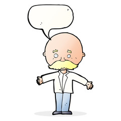 cartoon bald man with open arms with speech bubble
