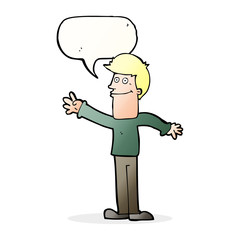 cartoon happy man waving with speech bubble