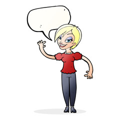 cartoon woman waving with speech bubble