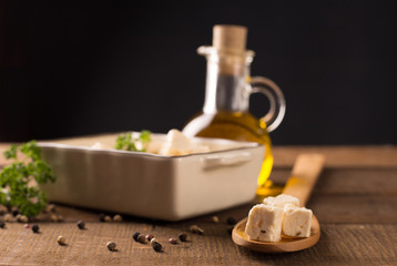 Feta Cheese on wooden background