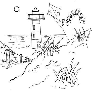 Vlieger en vuurtoren aan de kust vanaf de duinen