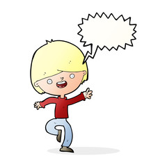 cartoon happy boy dancing with speech bubble