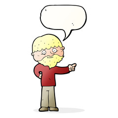 cartoon bearded man pointing with speech bubble