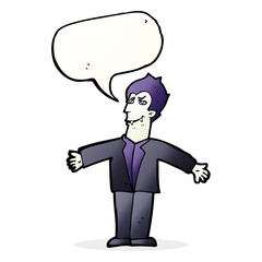 cartoon vampire man with open arms with speech bubble