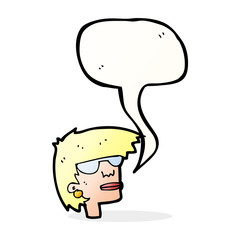 cartoon female face with glasses with speech bubble