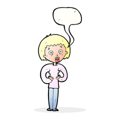 cartoon woman gesturing at self with speech bubble