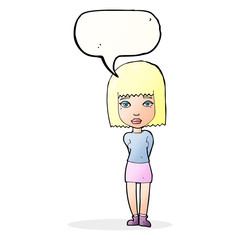 cartoon serious girl with speech bubble