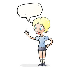 cartoon waving woman with speech bubble