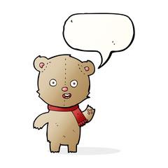 cartoon waving teddy bear with scarf with speech bubble