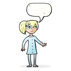 cartoon worried girl with speech bubble