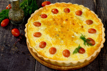 Outdoor chicken pie, shortcrust pastry and cheese and egg fillin