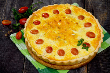 Outdoor chicken pie, shortcrust pastry and cheese and egg fillin