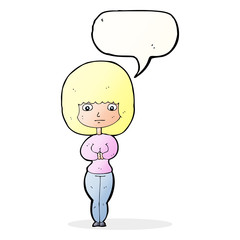 cartoon shy woman with speech bubble