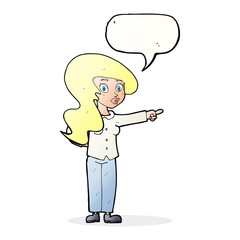 cartoon pretty woman pointing with speech bubble
