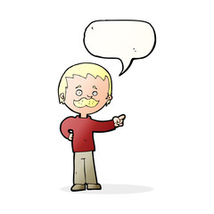 cartoon man with mustache pointing with speech bubble