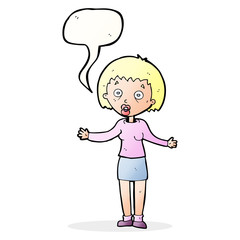 cartoon woman making excuses with speech bubble