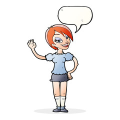 cartoon waving woman with speech bubble