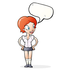 cartoon happy woman in short skirt with speech bubble