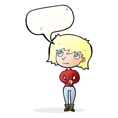 cartoon friendly woman with speech bubble