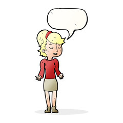 cartoon woman shrugging shoulders with speech bubble