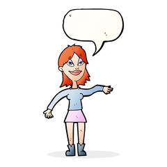 cartoon woman making hand gesture with speech bubble
