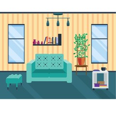 Living room with two windows. Comfortable hall. Vector home interior in flat design. Sofa and lamp, bookcase and coffee table, ottoman and potted plant