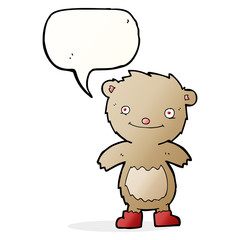 cartoon teddy bear wearing boots with speech bubble