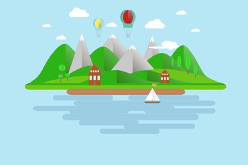 Naklejka premium Islands, green hills, grey mountains with white peaks, blue skies, water, trees, balloons, boat sails, home, white clouds, shade. Modern flat design, background design element vector