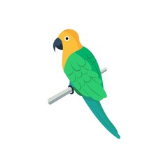 Flat vector icon of parrot. Budgerigar sitting on the branch. Domestic bird