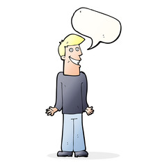 cartoon man shrugging shoulders with speech bubble