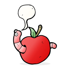 cartoon worm in apple with speech bubble