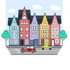 City street with colorful houses and two cars.Trees and Road, sky and clouds. European style. Vector illustration. Flat style