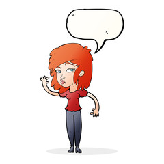 cartoon pretty woman waving with speech bubble