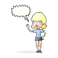 cartoon waving woman with speech bubble