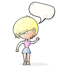 cartoon waving woman with speech bubble