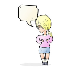 cartoon shy woman with speech bubble