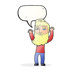cartoon bearded man waving arms with speech bubble