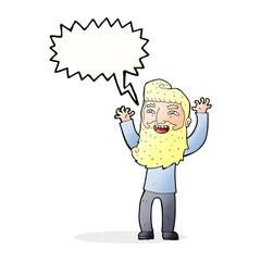 cartoon happy bearded man waving arms with speech bubble