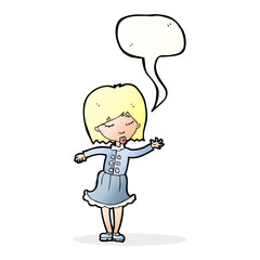 cartoon waving woman with speech bubble