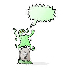cartoon ghost rising from grave with speech bubble