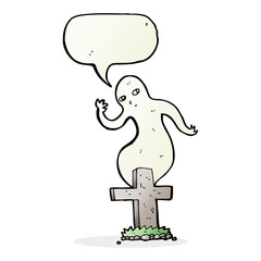 cartoon ghost rising from grave with speech bubble