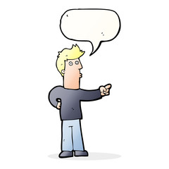 cartoon curious man pointing with speech bubble